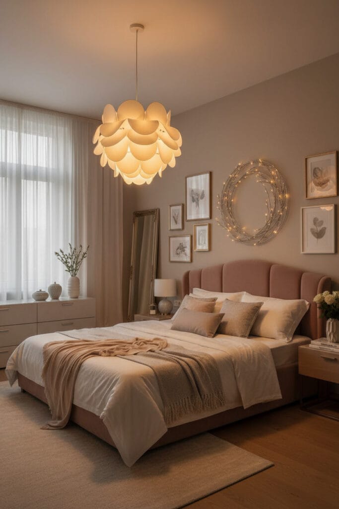 Suspension luminaire diffusant une lumière douce dans une chambre à l’ambiance apaisante