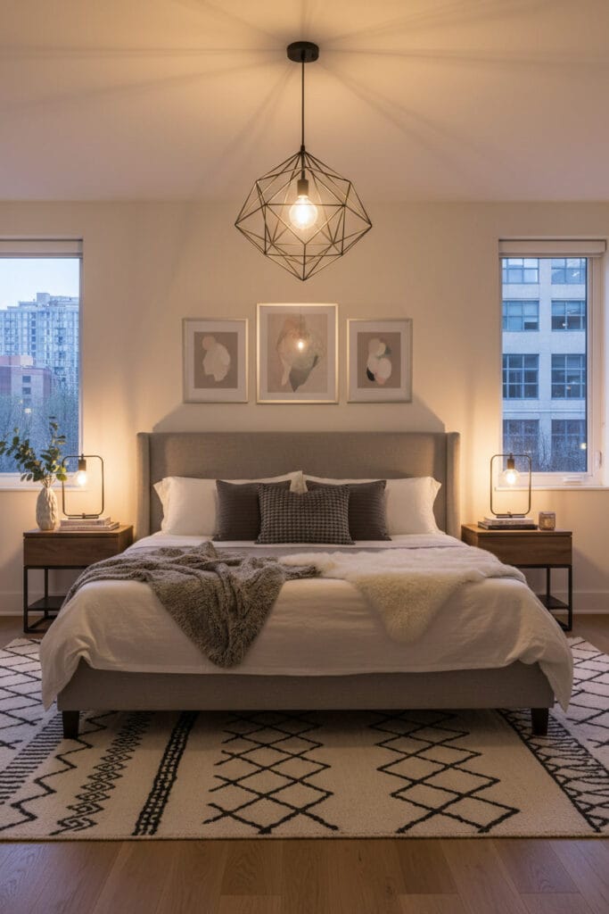 Suspension luminaire installée dans une chambre créant une ambiance lumineuse équilibrée