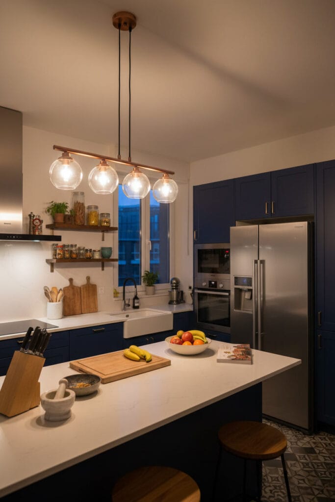 Suspension luminaire centrale diffusant une lumière homogène dans une cuisine moderne