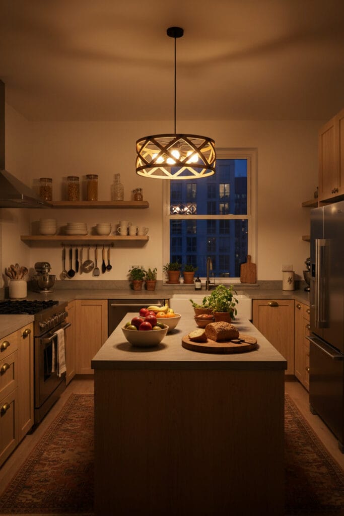 Suspension luminaire centrale diffusant une lumière chaleureuse dans une cuisine conviviale