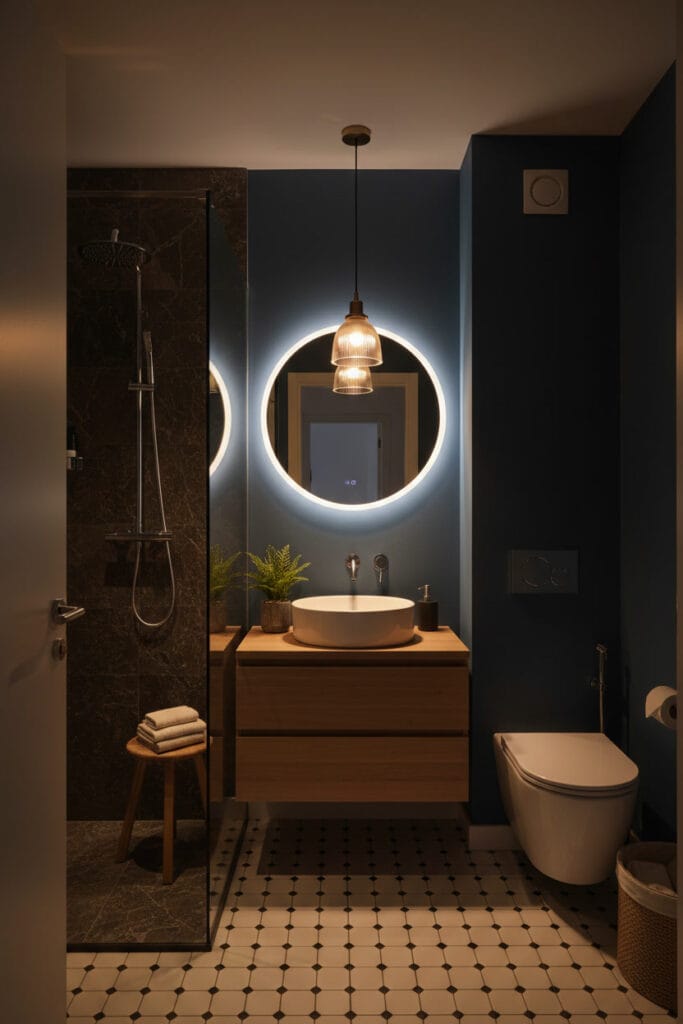 Suspension luminaire installée dans un petit espace apportant un éclairage léger et harmonieux