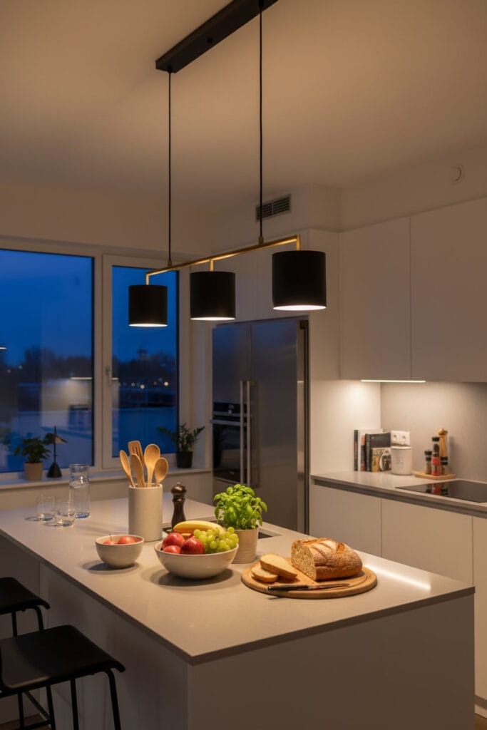 Suspension luminaire éclairant un plan de travail dans une cuisine fonctionnelle