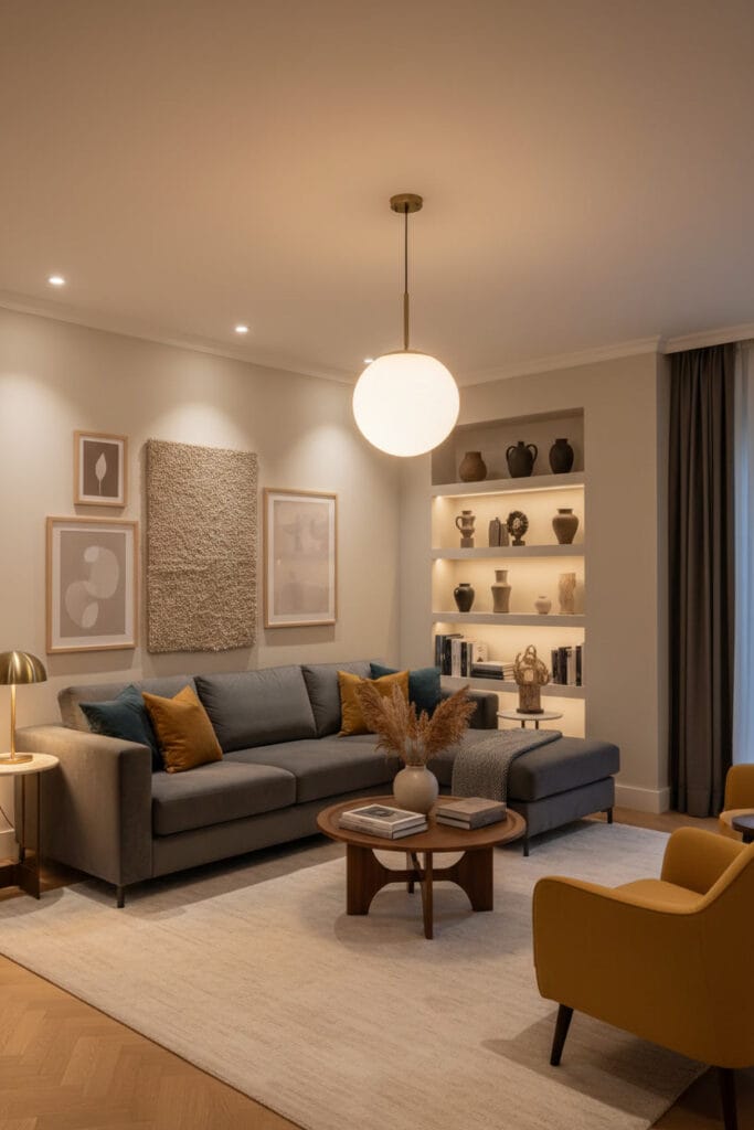 Suspension luminaire apportant un éclairage équilibré dans un salon accueillant