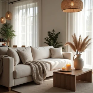 Intérieur cosy mettant en valeur des textiles naturels comme le lin, la laine et le coton bio pour une ambiance chaleureuse et saine. Décoration apaisante dans des tons neutres et terreux.