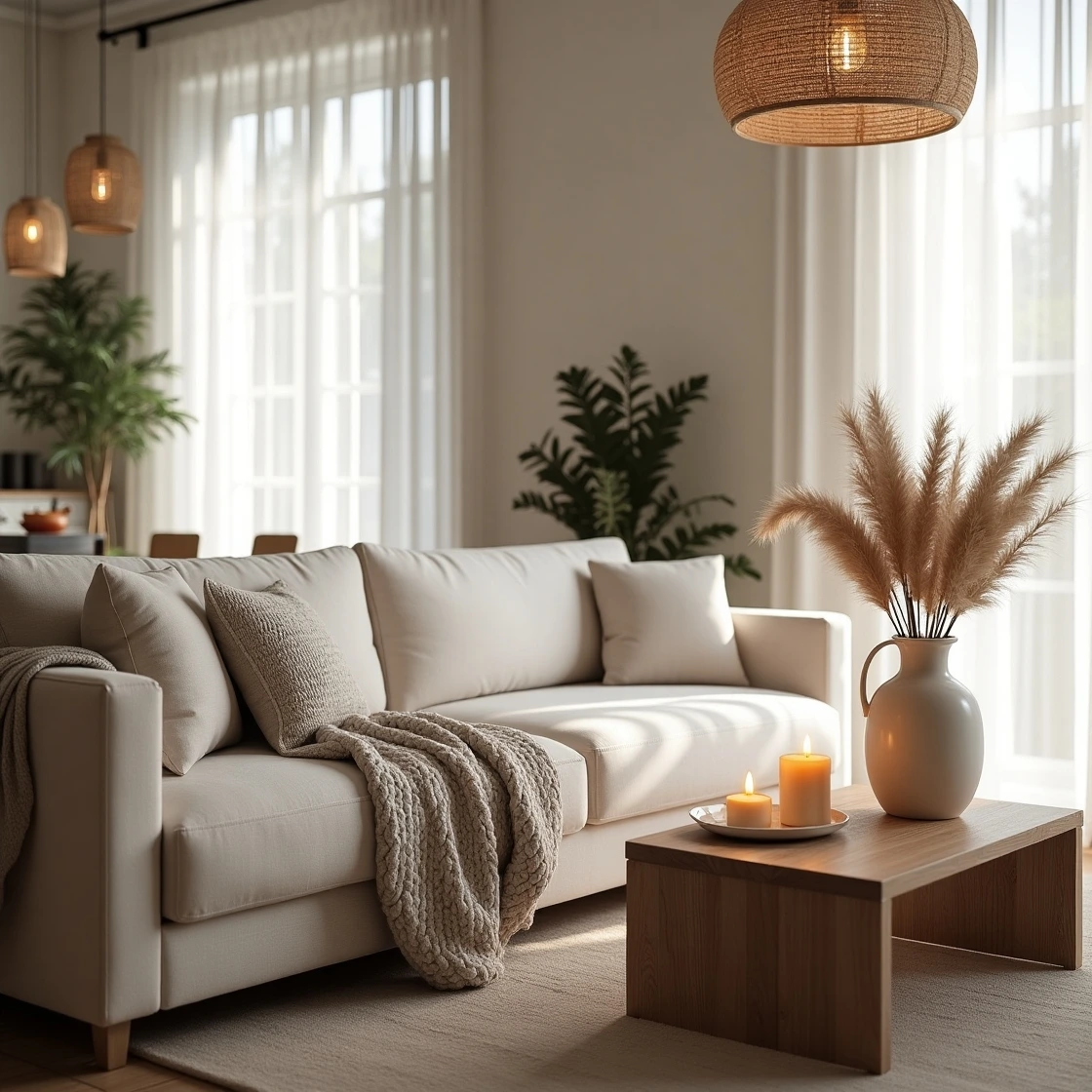 Intérieur cosy mettant en valeur des textiles naturels comme le lin, la laine et le coton bio pour une ambiance chaleureuse et saine. Décoration apaisante dans des tons neutres et terreux.