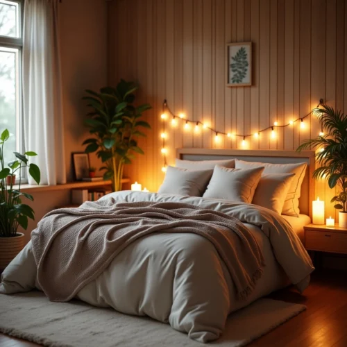 Décoration Chambre cosy avec bougies, plantes d’intérieur et textiles doux, créant une ambiance chaleureuse et apaisante pour un espace de détente harmonieux.