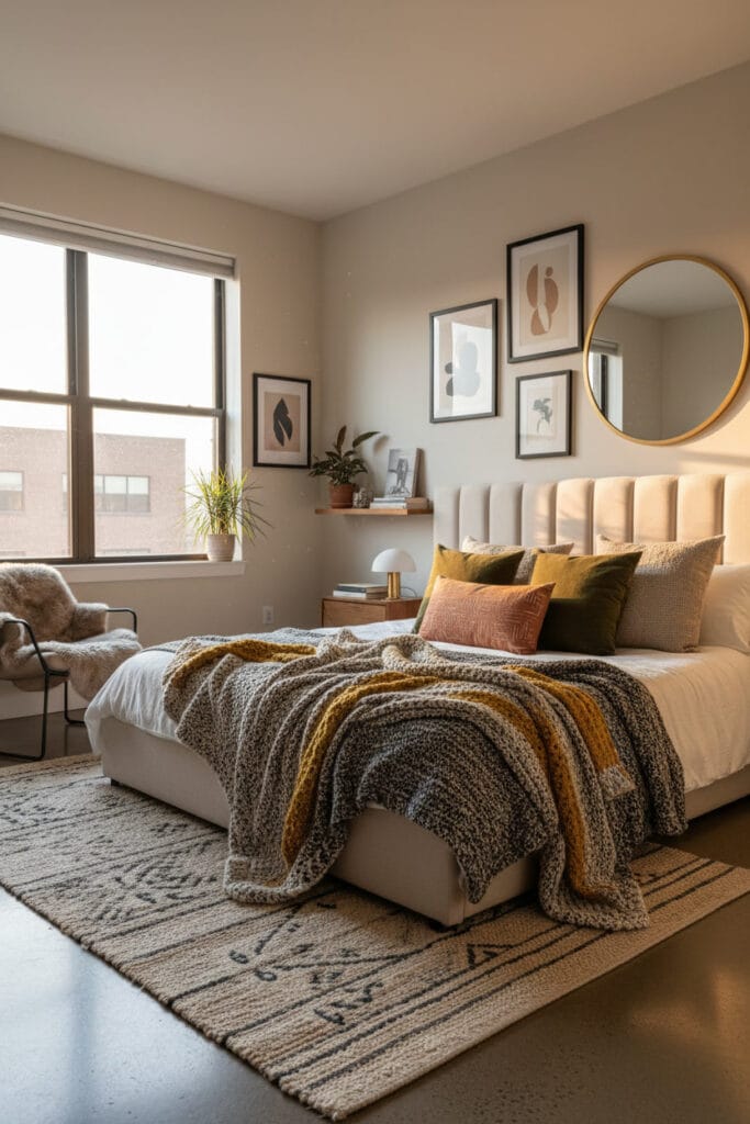 Plaids, coussins et tapis créant une décoration chambre cosy et chaleureuse