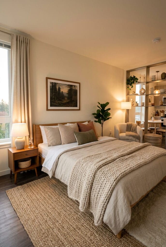 Textiles doux et coussins moelleux dans un coin nuit cosy de studio