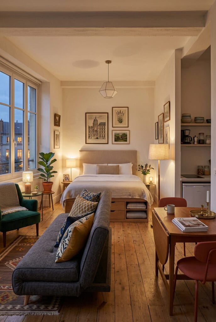 Meuble à double fonction, canapé-lit utilisé pour séparer les espaces dans un studio