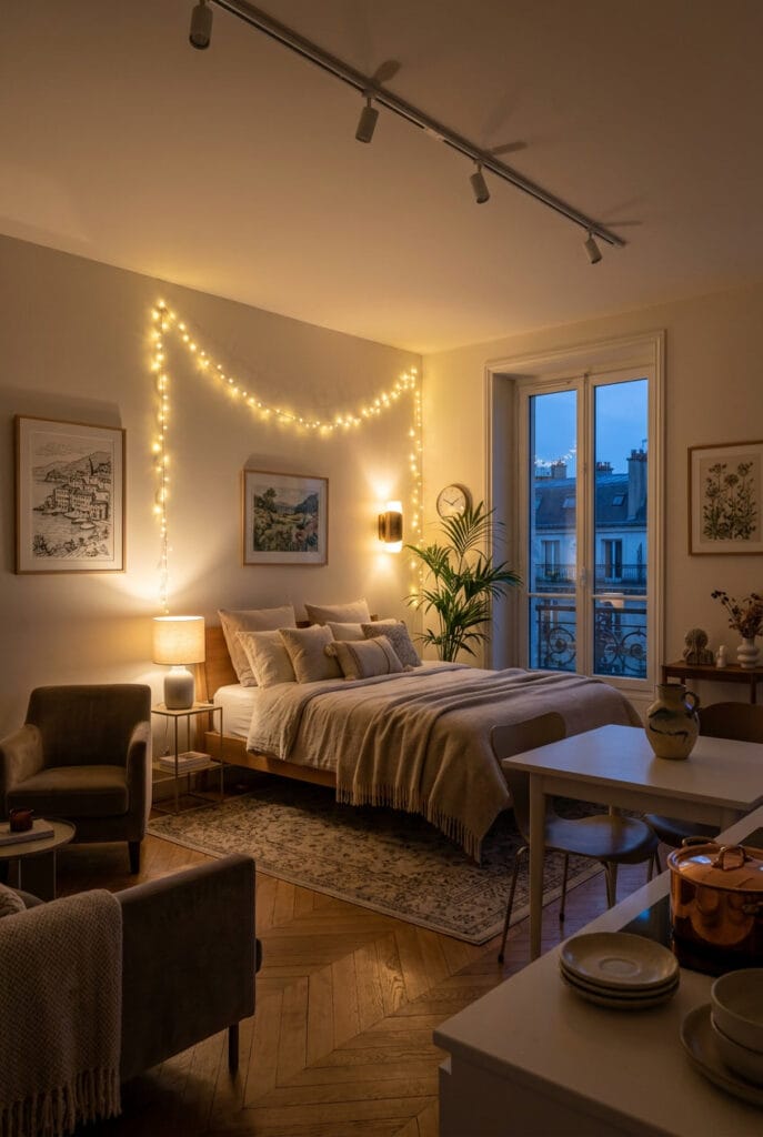 Éclairage doux avec lampes de chevet et guirlandes lumineuses dans un coin nuit de studio