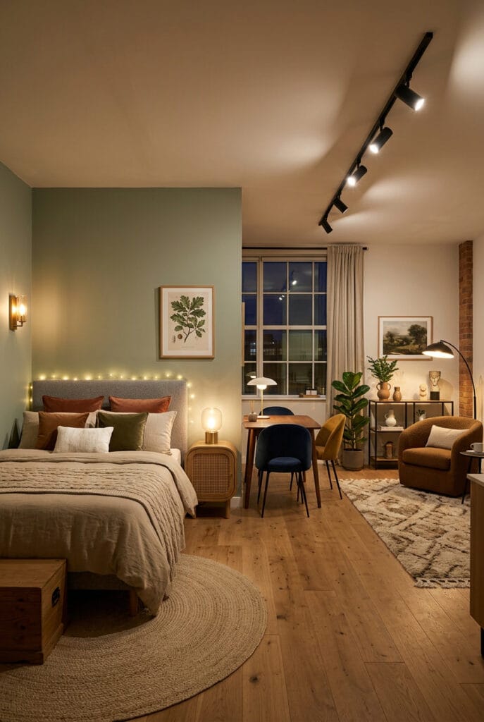 Spots directionnels et lampadaires orientables utilisés dans l'espace de vie d'un studio