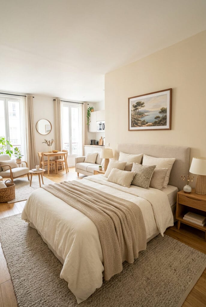 Coin nuit décoré avec des couleurs apaisantes comme le blanc crème et le bleu pastel
