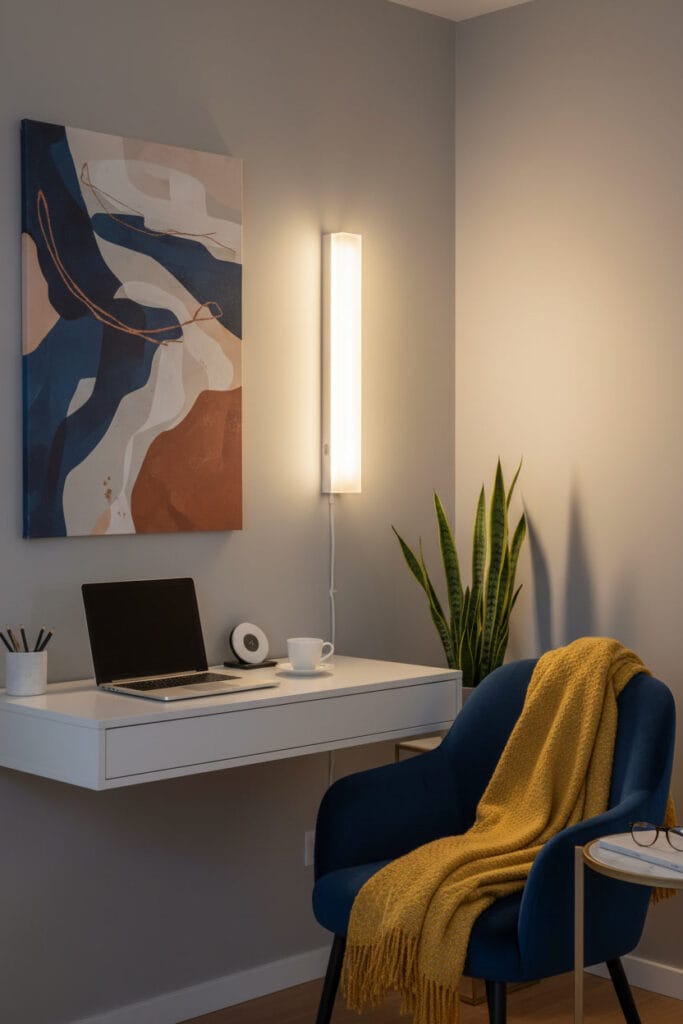 Applique murale LED moderne à panneau lumineux et variateur intégré, éclairant un coin bureau et un fauteuil dans un salon.