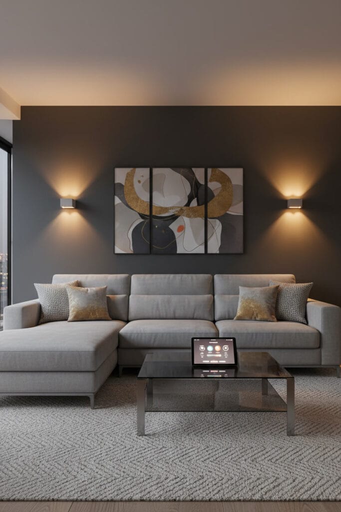 Paire d'appliques murales connectées en aluminium, diffusant une lumière ambrée de relaxation dans un salon moderne et équilibré.