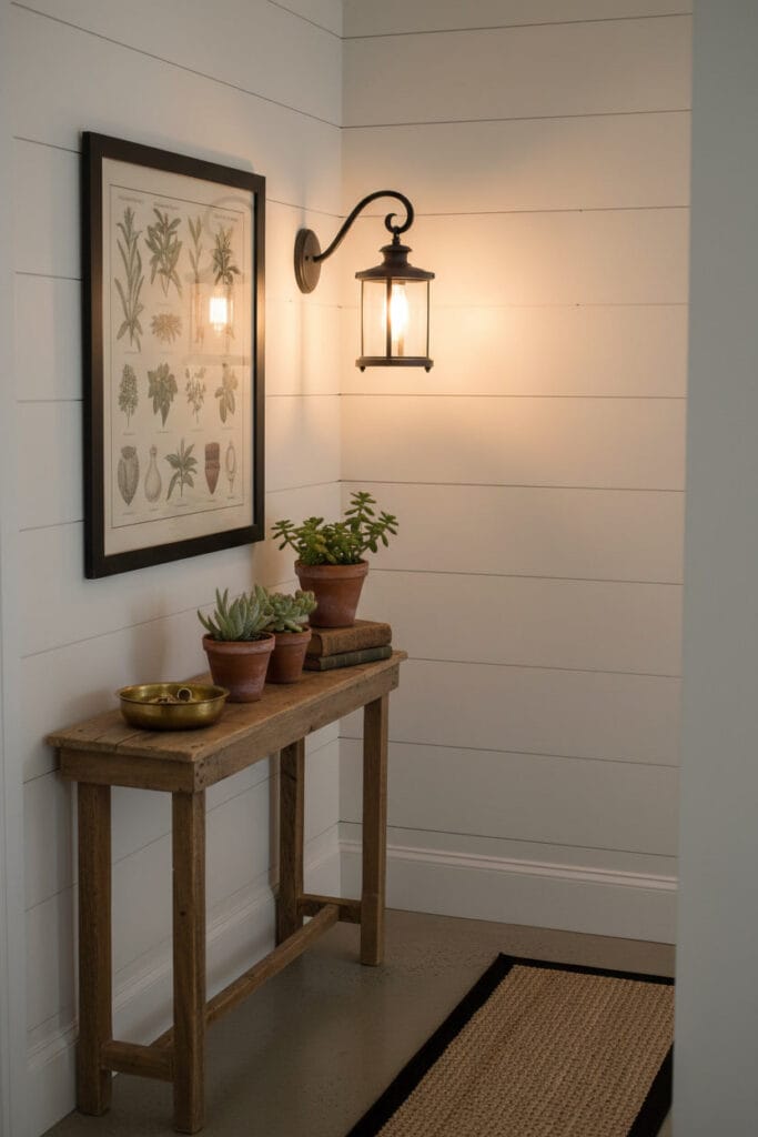 Applique murale rustique en fer forgé et verre, bien proportionnée dans un couloir au style rustique moderne équilibré.