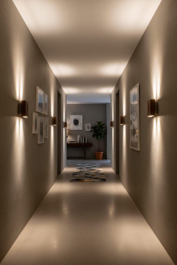 Appliques murales alignées pour éclairer uniformément un couloir ou un coin sombre.