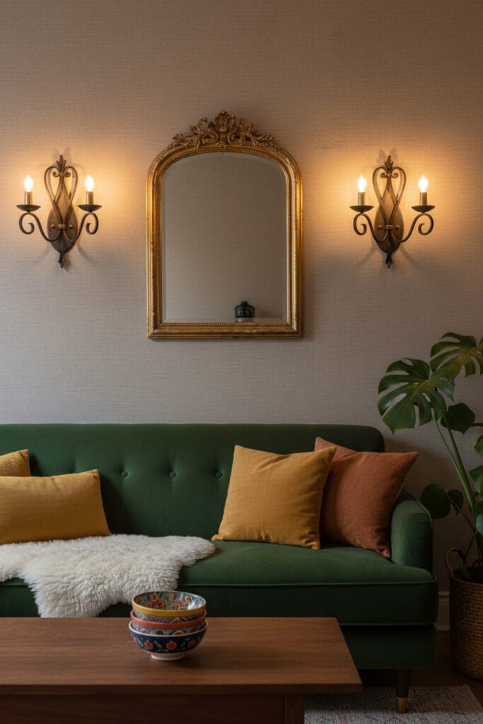 Paire d'appliques murales vintage en fer forgé avec ampoules Edison, sans aucun fil visible, dans un salon bohème.