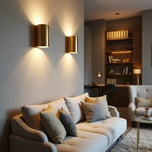 Applique Murale dorée éclairant un coin lecture cosy avec un fauteuil et une table d’appoint, apportant une lumière douce et chaleureuse à l’espace.