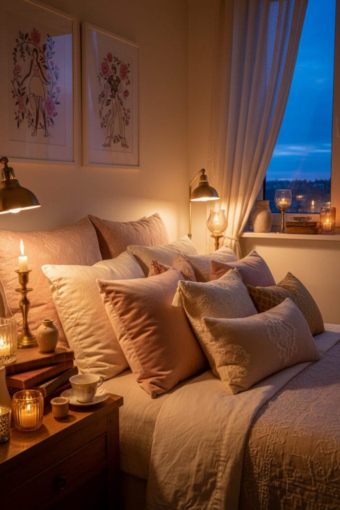 Décoration Chambre Romantique Chic avec coussins et accessoires