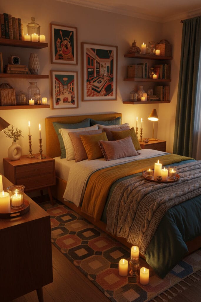 Décoration Chambre Vintage Rétro Chic avec bougies et accessoires colorés en soirée.