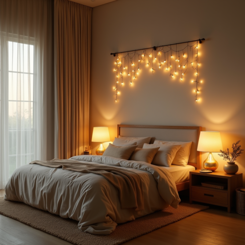 Chambre d'amis cosy avec éclairage doux, lit confortable en tissu beige, lampes de chevet en bois et rideaux lumineux pour une ambiance chaleureuse