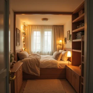 Aménager un Studio cosy avec un coin nuit séparé par un rideau léger, éclairage chaleureux et ambiance intime.