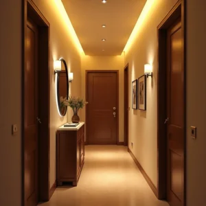 Éclairage Couloir optimisé avec appliques murales, spots orientables et LED pour un passage cosy et élégant.