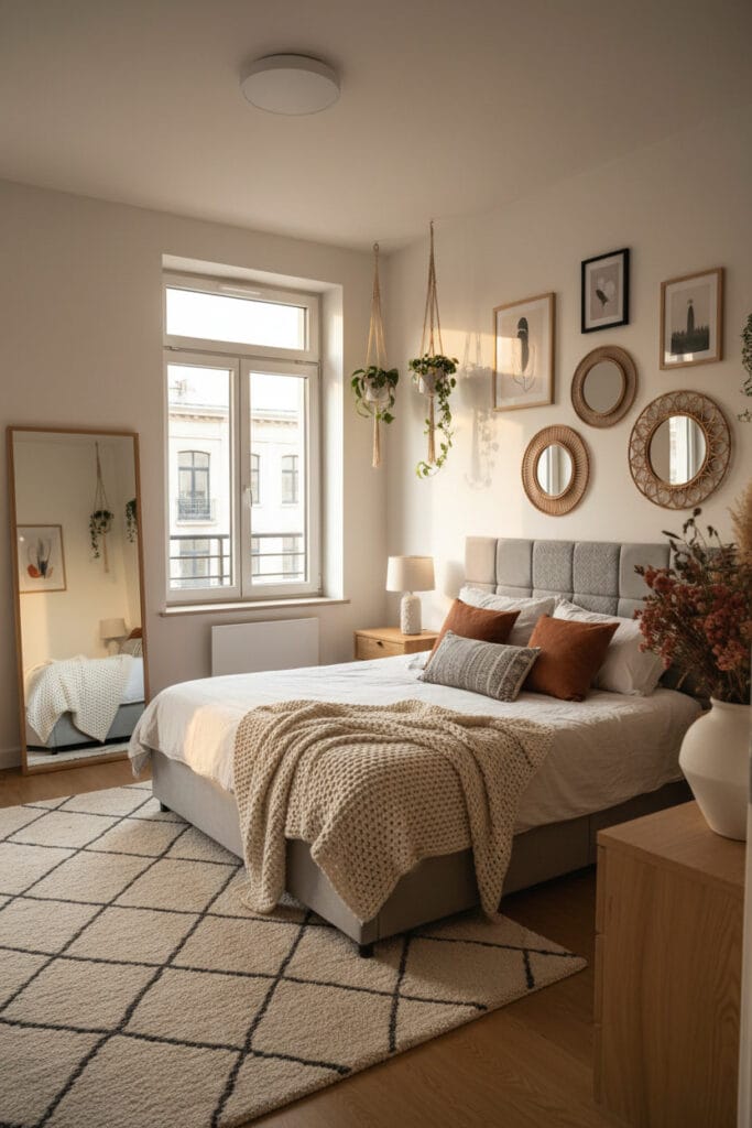 Miroir pleine longueur dans une décoration chambre cosy, reflétant la lumière naturelle