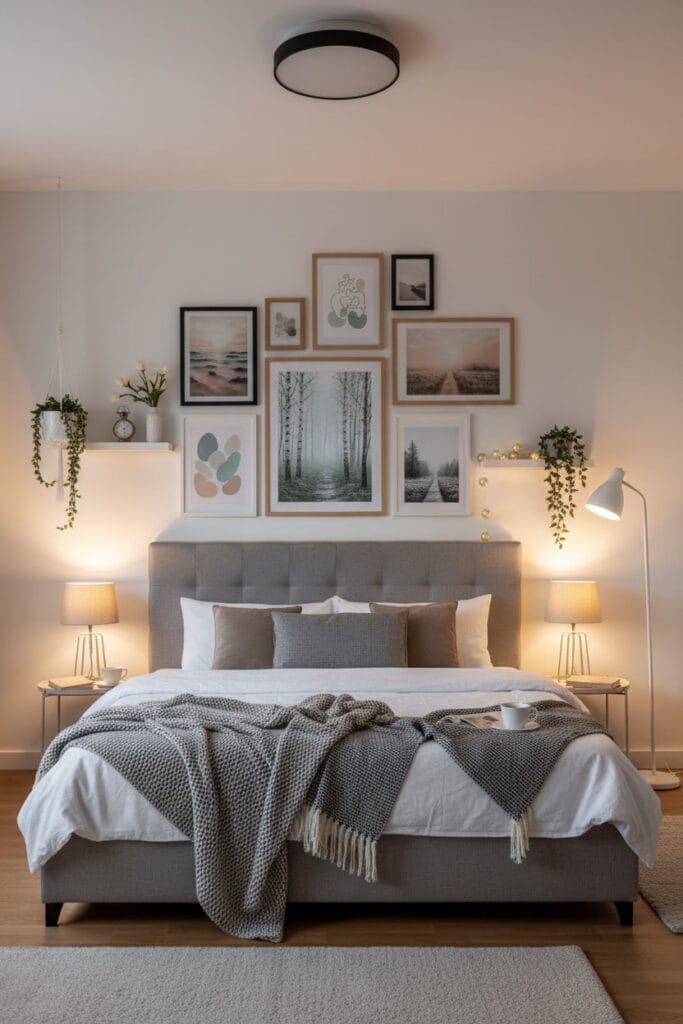 Cadres muraux aux illustrations apaisantes accrochés au-dessus d’un lit dans une chambre cosy