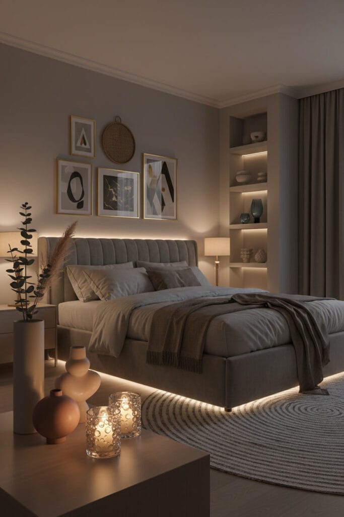 Objets en verre et céramique avec miroirs et cadres dans une chambre cosy