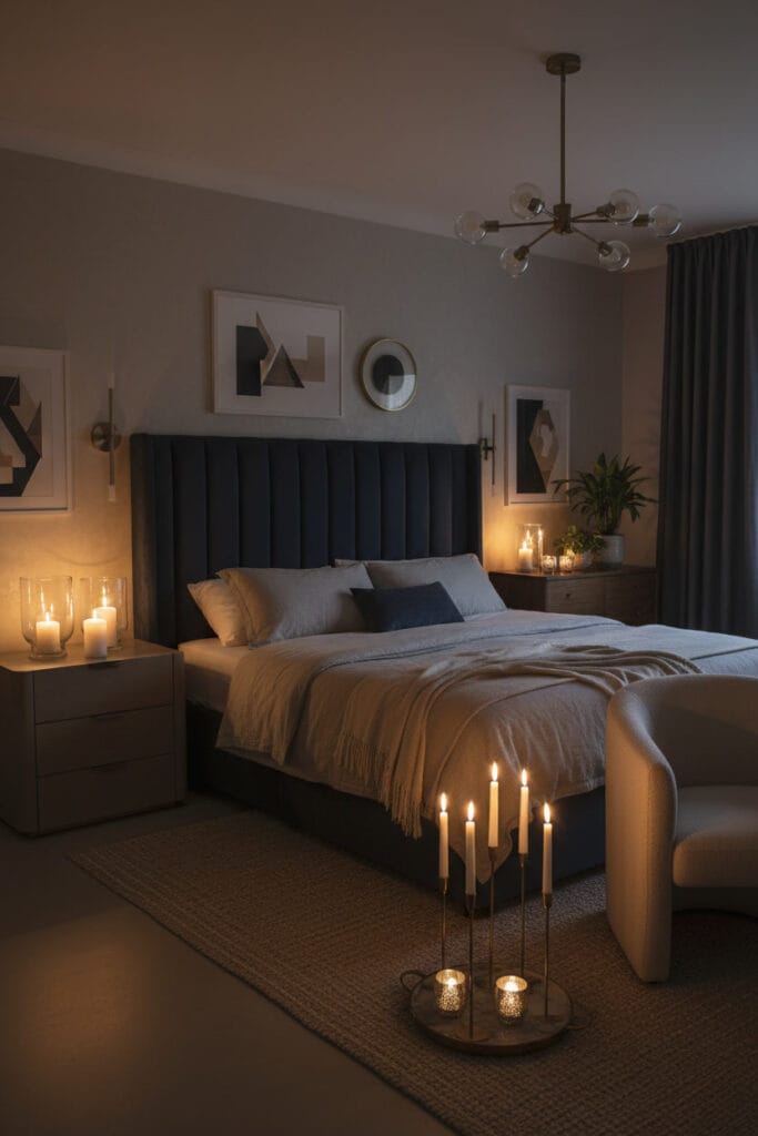 Bougies allumées créant une lumière douce dans une décoration chambre cosy