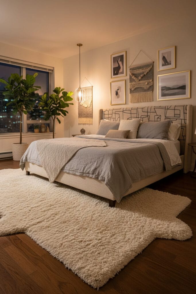 Coussins, plaids et tapis intégrés dans une décoration chambre cosy