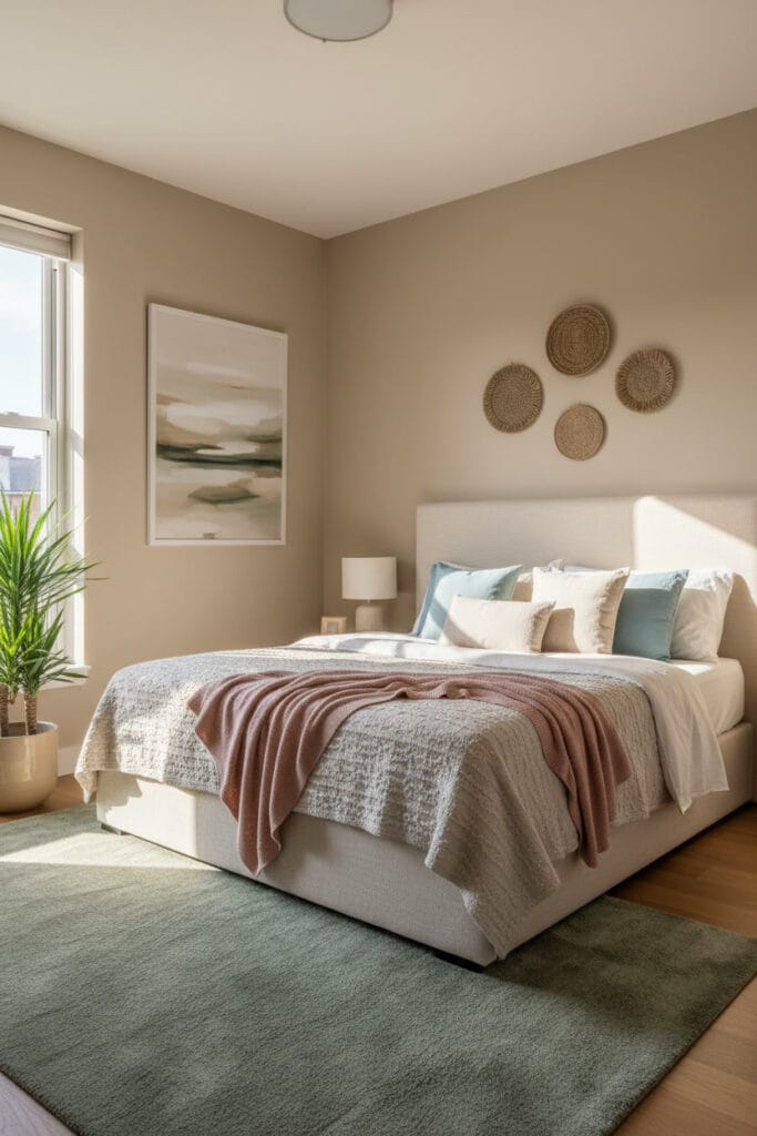 Jeu de couleurs douces et de textures dans une décoration chambre cosy