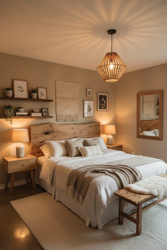 Meubles en bois naturel intégrés dans une décoration chambre chaleureuse