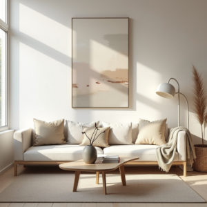 Déco Minimaliste : salon épuré avec canapé design, table basse fonctionnelle et éclairage naturel pour une ambiance zen et contemporaine
