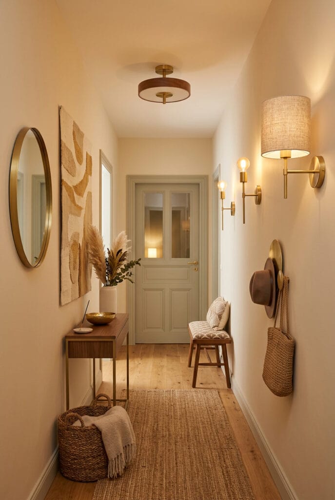 Éclairage couloir avec appliques en laiton luminaires en bois et abat-jours en tissu créant un dialogue de textures chaleureux et authentique