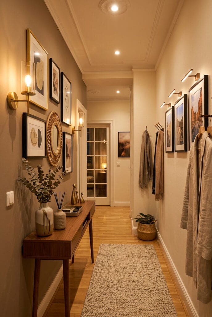 Éclairage couloir bien réparti mettant en valeur tableaux cadres photos et finitions murales pour un espace fonctionnel et décoratif