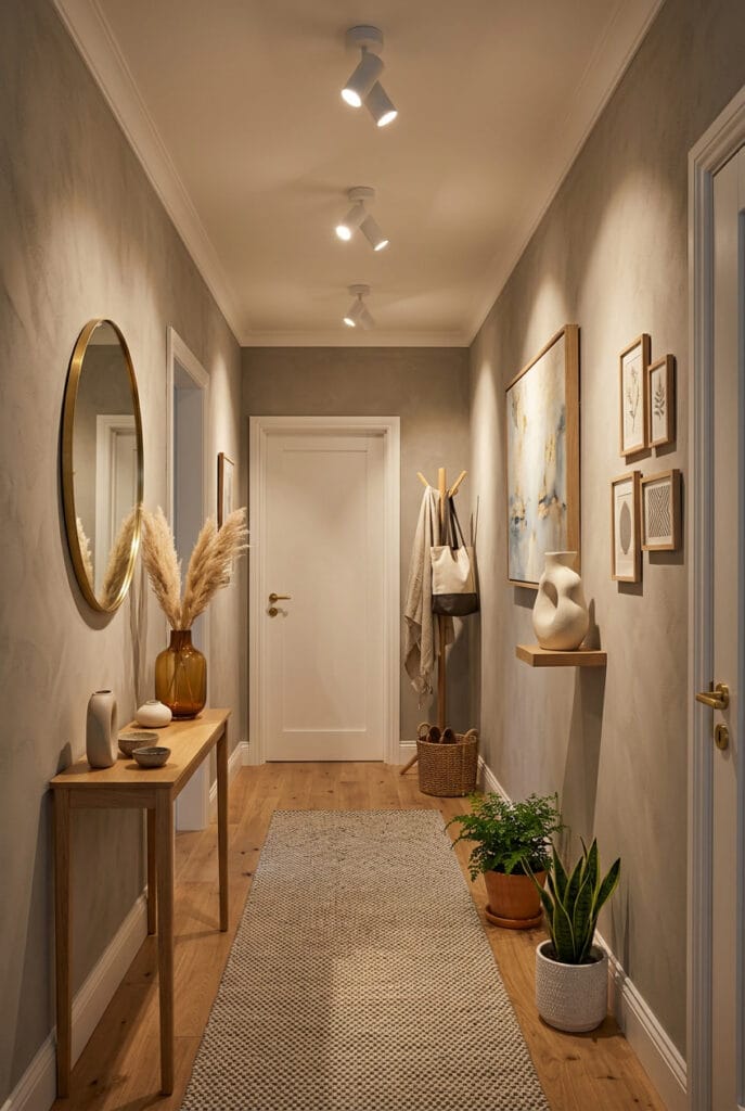 Spots orientables dans un couloir moderne illuminant avec précision les éléments décoratifs pour une mise en valeur stratégique et élégante