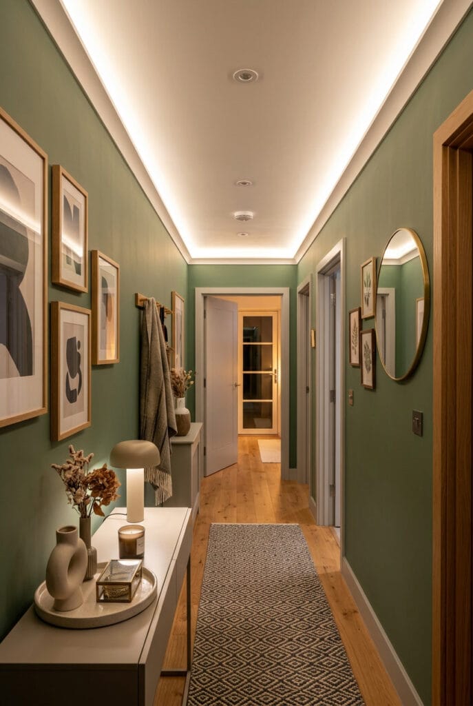 Bandeaux LED discrets dans un couloir étroit créant un éclairage indirect continu et moderne pour une ambiance élégante et stylée