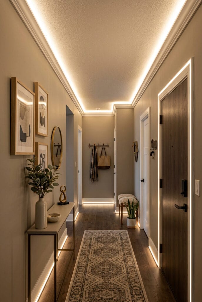 Bandeaux LED installés en moulures de plafond le long des plinthes et autour des portes pour un couloir stylé lumineux et élégant