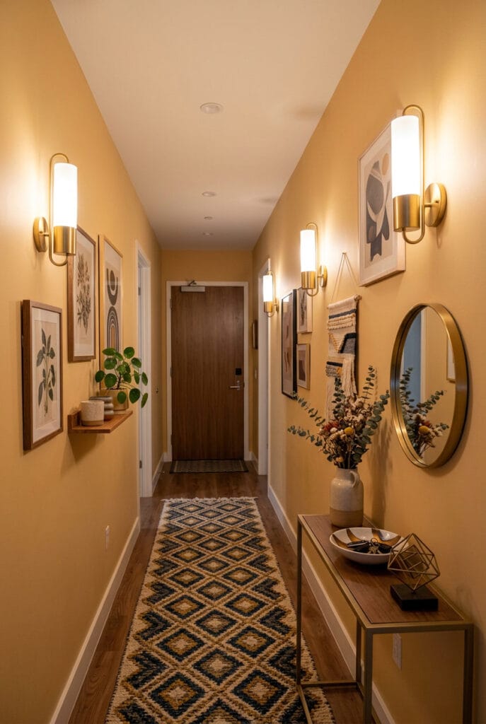 Appliques murales élégantes dans un couloir étroit apportant éclairage ciblé charme et fonctionnalité sans encombrer l'espace au sol