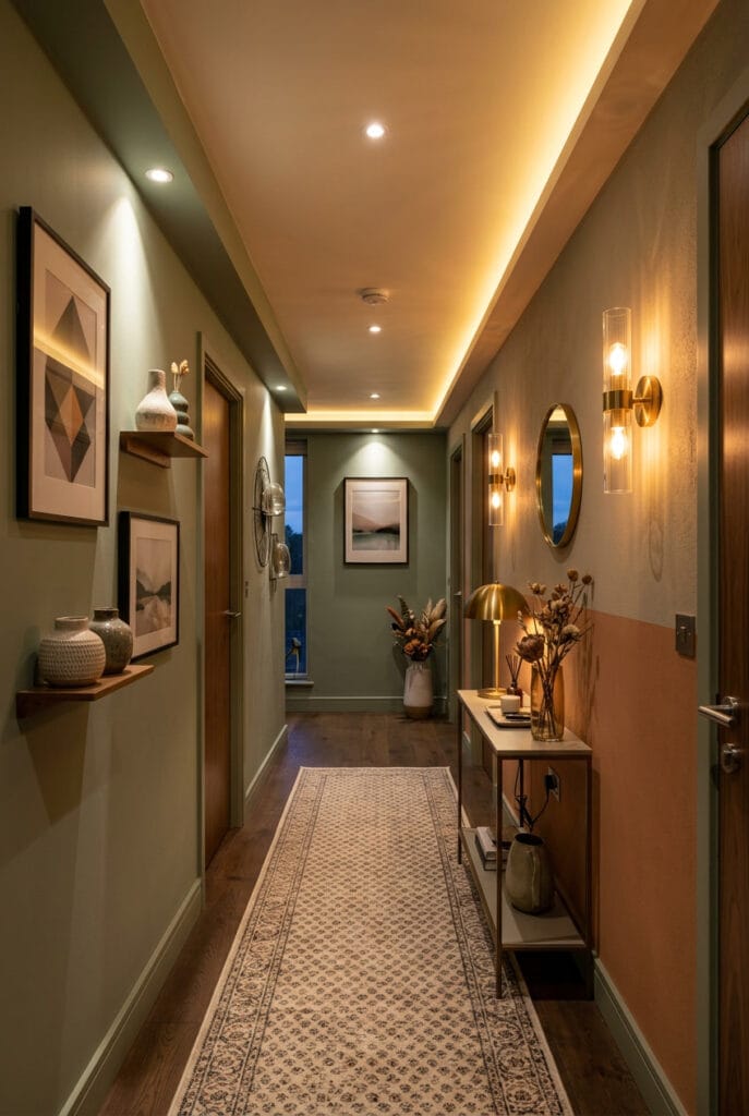 Éclairage couloir combinant spots orientables bandeaux LED et appliques murales pour une ambiance cosy moderne et sophistiquée