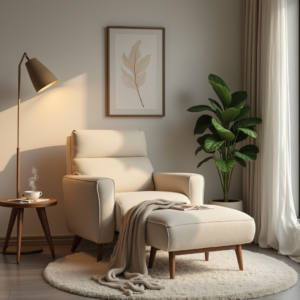Fauteuil relaxant beige dans un coin détente cosy, avec lumière douce, plaid, table d'appoint et décoration minimaliste harmonieuse.