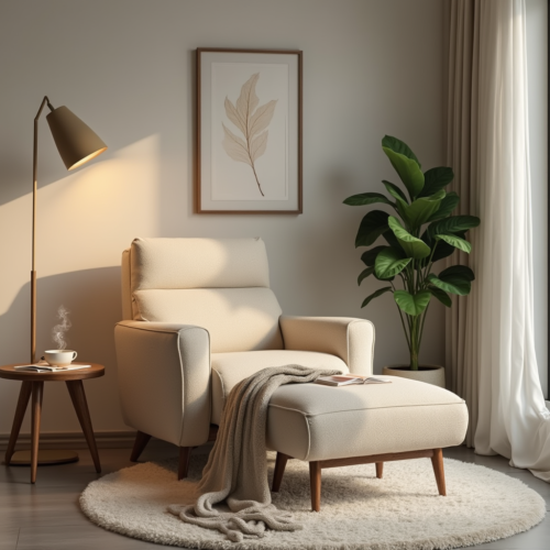 Fauteuil relaxant beige dans un coin détente cosy, avec lumière douce, plaid, table d'appoint et décoration minimaliste harmonieuse.