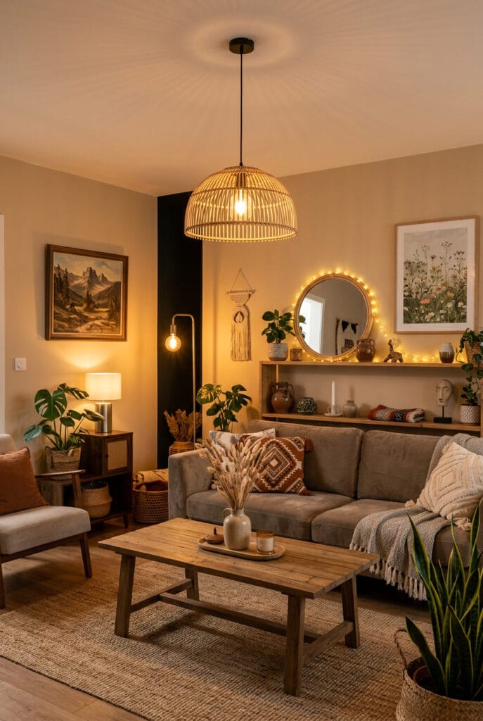 Luminaire suspendu avec variateur et ampoules ambrées dans un salon cosy minimaliste industriel ou bohème selon le style