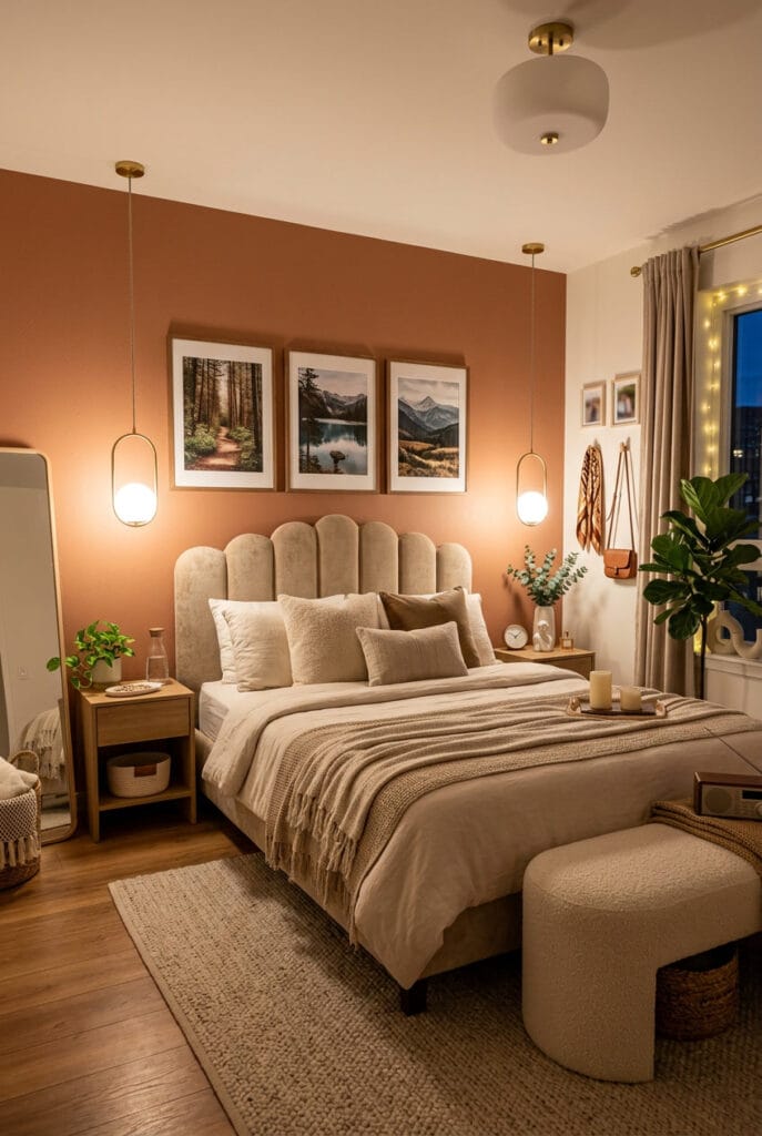 Luminaire suspendu dans une chambre cosy libérant l'espace des tables de chevet pour un éclairage fonctionnel et sophistiqué