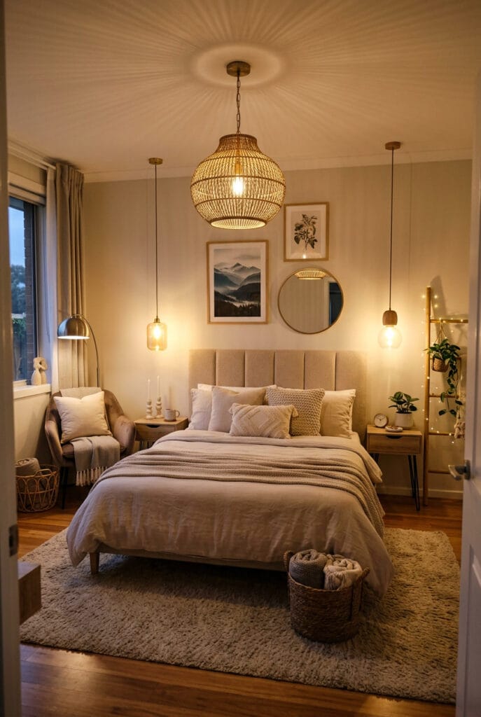 Luminaire suspendu en bois osier ou métal doré au-dessus des tables de chevet combiné avec guirlandes lumineuses dans une chambre cosy