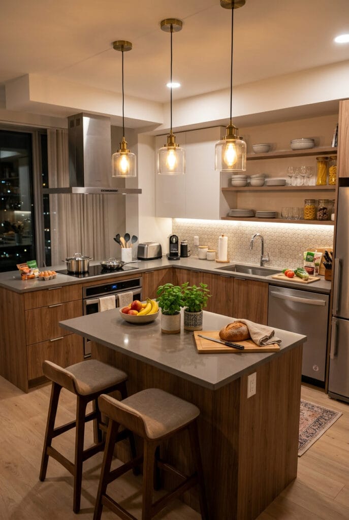 Luminaires suspendus dans une cuisine moderne alliant praticité et style pour un espace fonctionnel et élégant