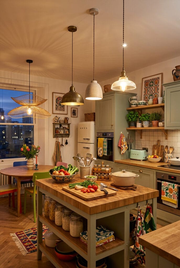 Luminaires suspendus alignés au-dessus d'un îlot central de cuisine à hauteur idéale de 75 à 85 cm pour un éclairage homogène