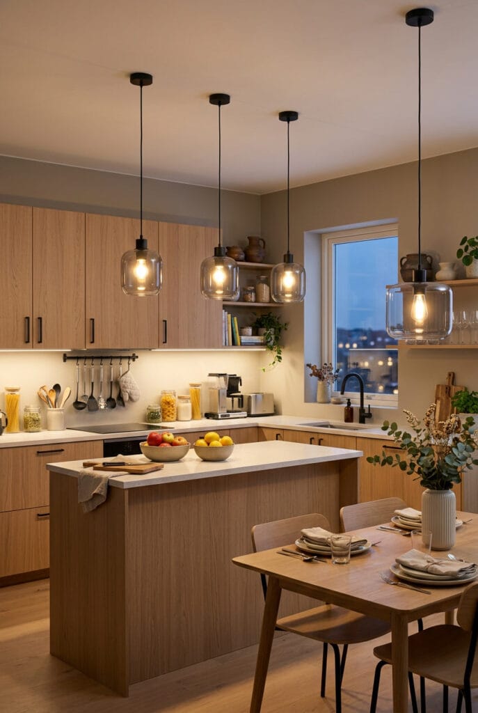 Luminaire suspendu coordonné aux finitions métalliques de cuisine avec variateur et LED sous armoires pour une harmonie décorative
